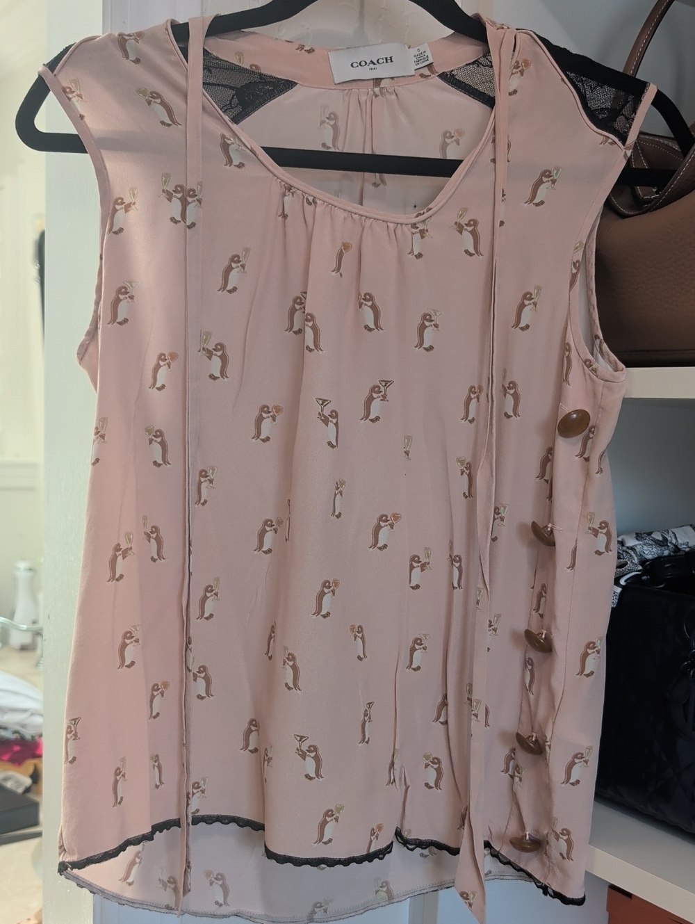 Coach Pale Pink Sleeveless Tie-Neck Printed Blouse